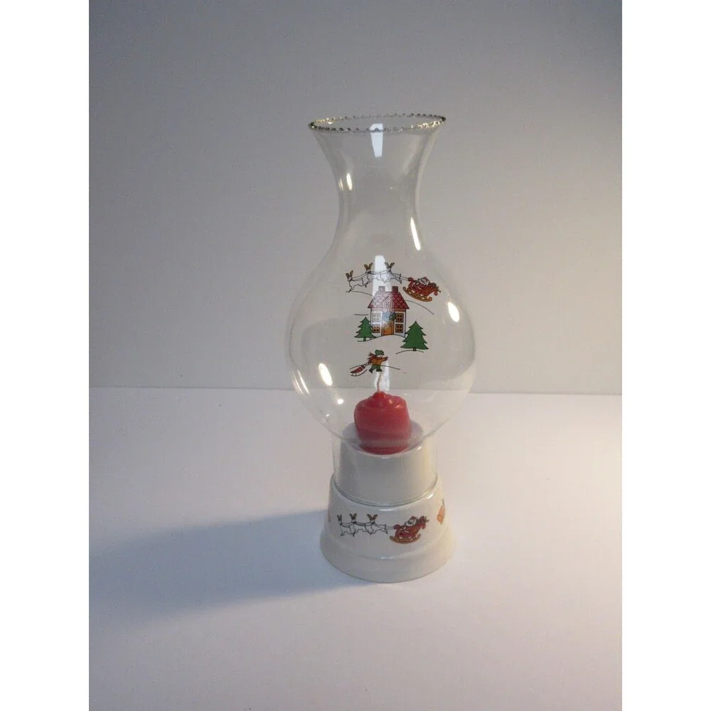 Brazil Glass Beaded Rim Hurricane Lamp & Ceramic Candle Holder Santa Sleigh XMAS